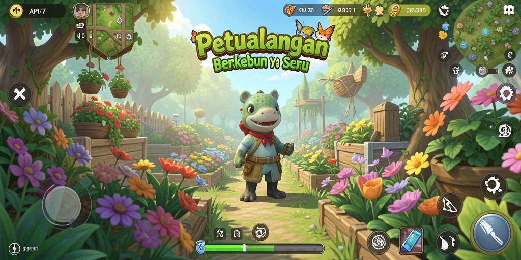 Tampilan gameplay Farming dengan ladang yang luas dan tanaman yang subur.