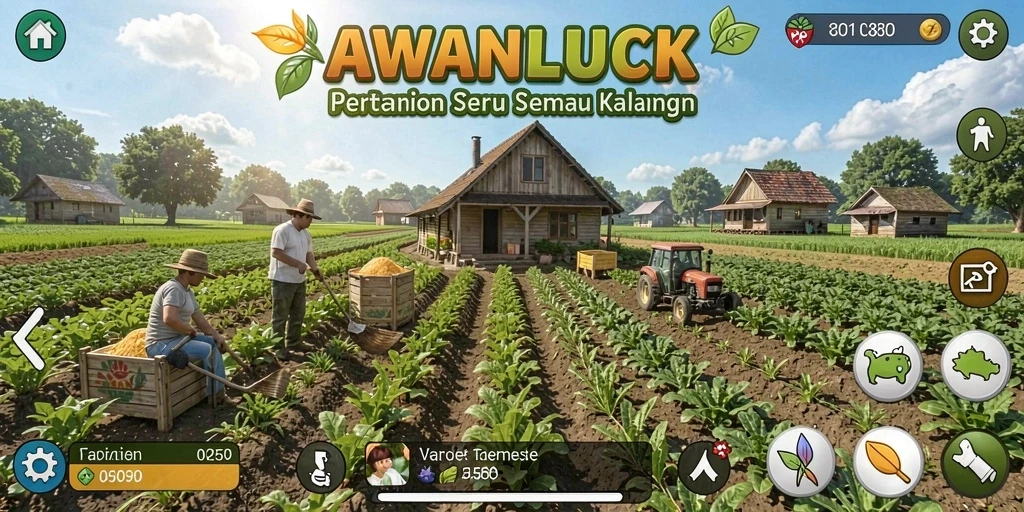 Screenshot gameplay AWANLUCK yang menampilkan kebun yang subur dan beragam tanaman.