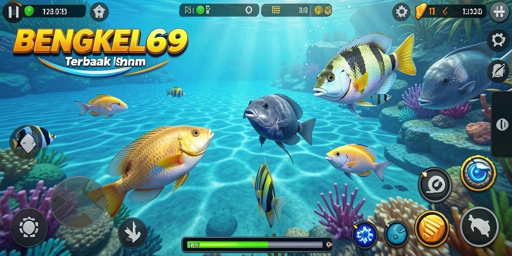 Gameplay seru BENGKEL69 saat menembak ikan di lautan.