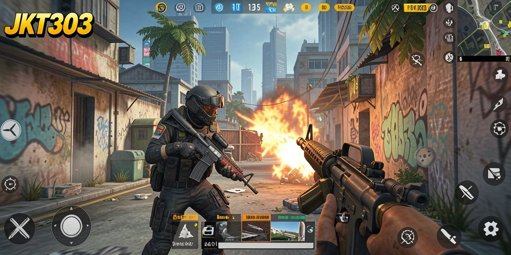 Screenshot menampilkan gameplay intens JKT303 dengan grafis menawan.