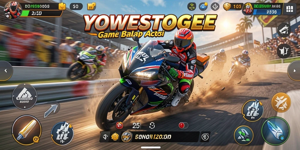Tampilan seru gameplay YOWESTOGEL dengan balapan motor yang mendebarkan.